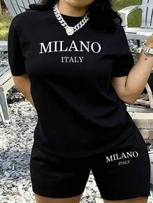 2pcs/MILANO, Milan, Italy, Women's Summer Fashion Versatile Refreshing Printed Design Round Neck Short Sleeve Shorts With Pockets Casual Set 2026 - màu đen - Xem 1