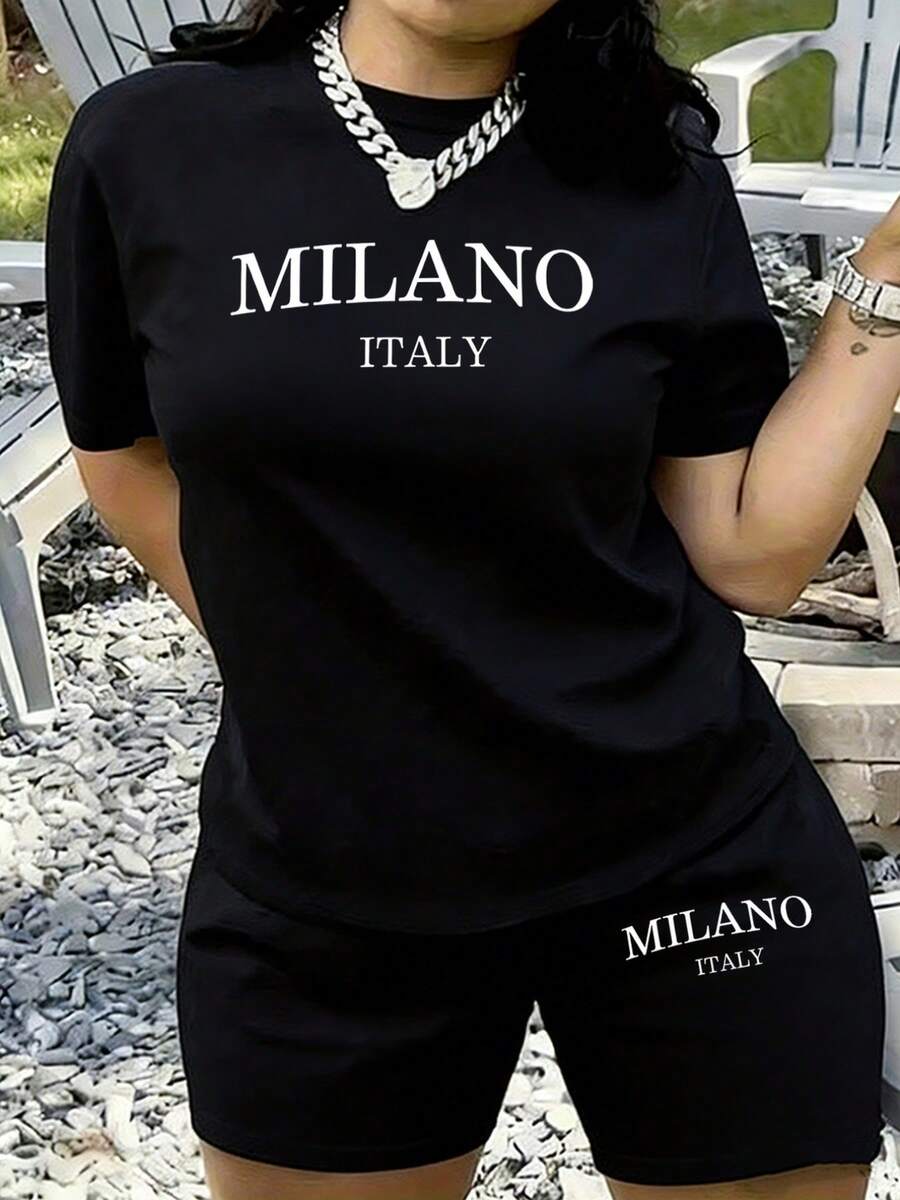 2pcs/MILANO, Milan, Italy, Women's Summer Fashion Versatile Refreshing Printed Design Round Neck Short Sleeve Shorts With Pockets Casual Set 2026 - màu đen - Xem 1