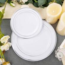 50/25/10/1 Stück weiße Teller mit doppeltem Silberrand, 7,5 Zoll/10,25 Zoll, weiße Basis mit Silberrand, elegante Dessertteller, Pastateller, Pizzateller, Kuchenteller, Salatteller, wiederverwendbar und leicht zu reinigen, geeignet für den Außenbereich, Partys, Geburtstage, Hochzeiten und Feiertage, Teller, Servierteller - transparent - Übersicht 4