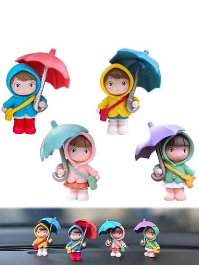 Cute Rainy Girl Umbrella Figurine, Mini Resin Character Decor, Suitable For Car Dashboard, Desk, Shelf, Adorable Home & Office Decoration
