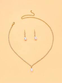Bộ trang sức 3 món tối giản, thanh lịch đính đá Cubic Zirconia, gồm dây chuyền, thích hợp đeo hàng ngày, dự đám cưới, tiệc tùng, sinh nhật, ngày lễ. - Vàng - Xem 2