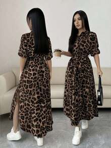 Vestido camisero midi con estampado de leopardo, cuello de solapa y cintura con cordón. Manga larga ajustable, falda en A fluida. Tejido cómodo y transpirable, ideal para uso diario, salidas y primavera-verano. - Caqui - Ver 2
