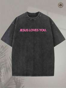 T-Shirt With Intense Washed Effect - T-Shirt With Religious Print 'Jesus Loves You', Lettering In Pink, Green And Pink, Double-Sided Print - Christian Clothing, Unisex Crew Neck T-Shirt, Suitable For Church, Casual Wear, Ideal For Gifting - Machine Washable, Soft Crew Neck (Retro Style, Heavyweight, Unisex). - 黑色 - 查看 2