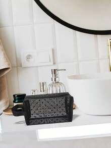 Sac cosmétique en maille noire avec imprimé cœur, organisateur de toilette de voyage transparent avec fermeture éclair, sac à maquillage portable de tailles multiples pour les voyages, le camping, le rangement des cosmétiques et des articles de toilette - Noir - Voir 4