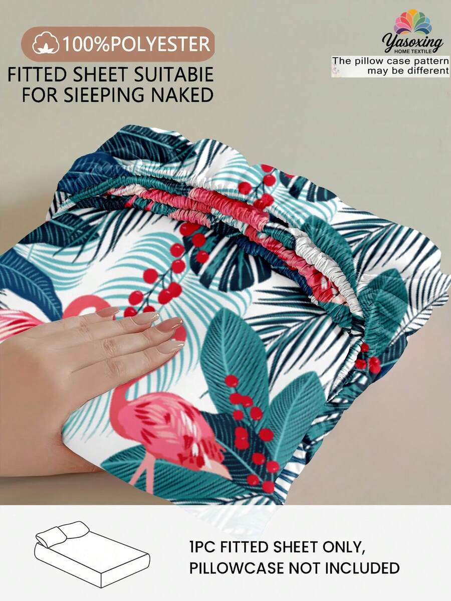 1pc Plant Maple Leaf Flamingo Fitted Bedsheet, Mattress Protector, Minimalist Solid Color Mattress Cover Suitable For All Bed Sizes - Double, Full, Queen, King, Deep Pocket 11.8 Inches, Home Textile - Multicolor - View 1