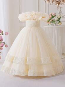 Vestido largo de graduación para niñas preadolescentes sin mangas con organza plisada, lentejuelas y malla, adecuado para la graduación escolar, diadema no incluida - Champán - Ver 7