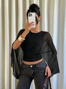 Women's Solid Color Round Neck Pleated Casual Versatile Daily Wear T-Shirt - màu đen - Xem 4