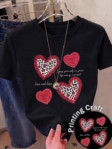 Amiam Bmian Women's Casual Short Sleeve Round Neck Black T-Shirt With Leopard Heart Print And Text Detail, Comfortable Polyester Top With Slight Stretch - 黑與白 - 查看 1