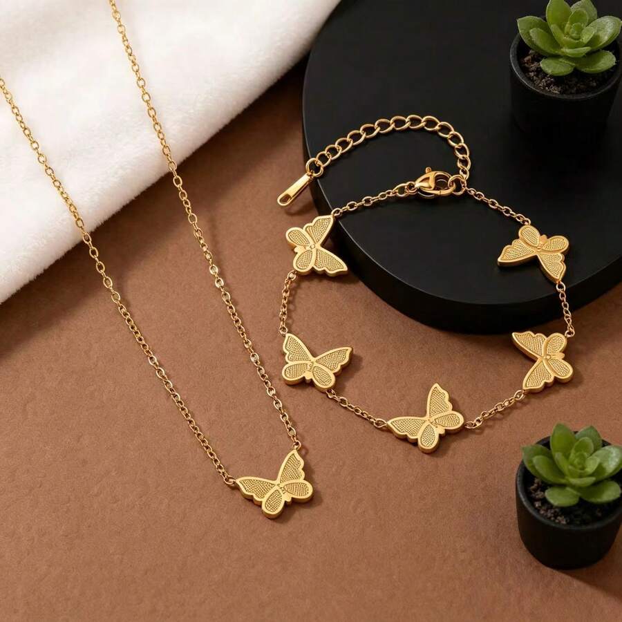Bộ trang sức gồm dây chuyền hình bướm mạ vàng 18K và vòng tay bằng thép không gỉ, món quà sang trọng cho bữa tiệc. - Vàng - Xem 1