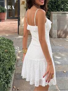 ARA CHIC Women's White Lace Elegant Spaghetti Strap Mini Dress, Ruffle Hem Fitted Party Skirt, Romantic Style, Summer New Arrival - White - View 3