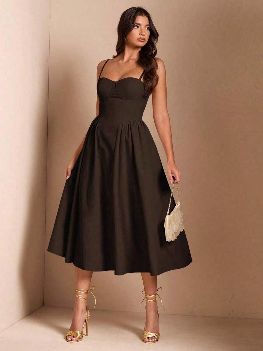 Elegante vestido largo sin mangas con manga abultada para mujer, adecuado para citas diarias, salidas, discotecas, fiestas, temporada de otoño - Café integral - Ver 1