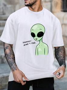 Men's T-Shirt With Alien Letter Print - Putih - View 7
