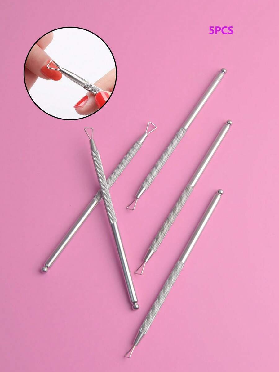 Bộ 5 que tẩy sơn móng tay bằng thép không gỉ, que làm sạch móng gel, dụng cụ làm móng có chấm, thích hợp cho móng tay và móng chân, màu bạc. - Nhiều màu - Xem 1