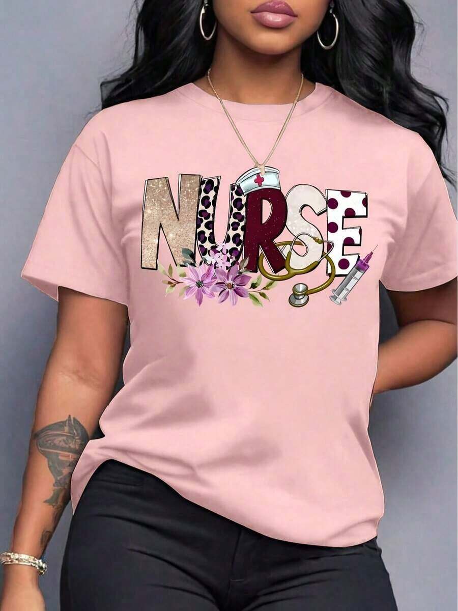 Women's Nurse Print T-Shirt - Themed Design, Short Sleeve, Round Neck, Loose Fit, Breathable And Machine Washable, In A Bright Turquoise Blue With Stethoscope And Syringe Patterns, A Fun Nursing Outfit Suitable For Casual Wear In Spring, Summer And Autumn, Ideal For Nurse Day And Daily Workwear. - 粉色 - 查看 1