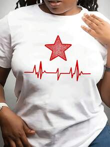 Camiseta casual de moda de cuello redondo de las señoras corto Sved Top para Dailpor Wear, con impresión de electrocardiograma en forma de estrella como regalo para amigos y familia - Blanco - Ver 2