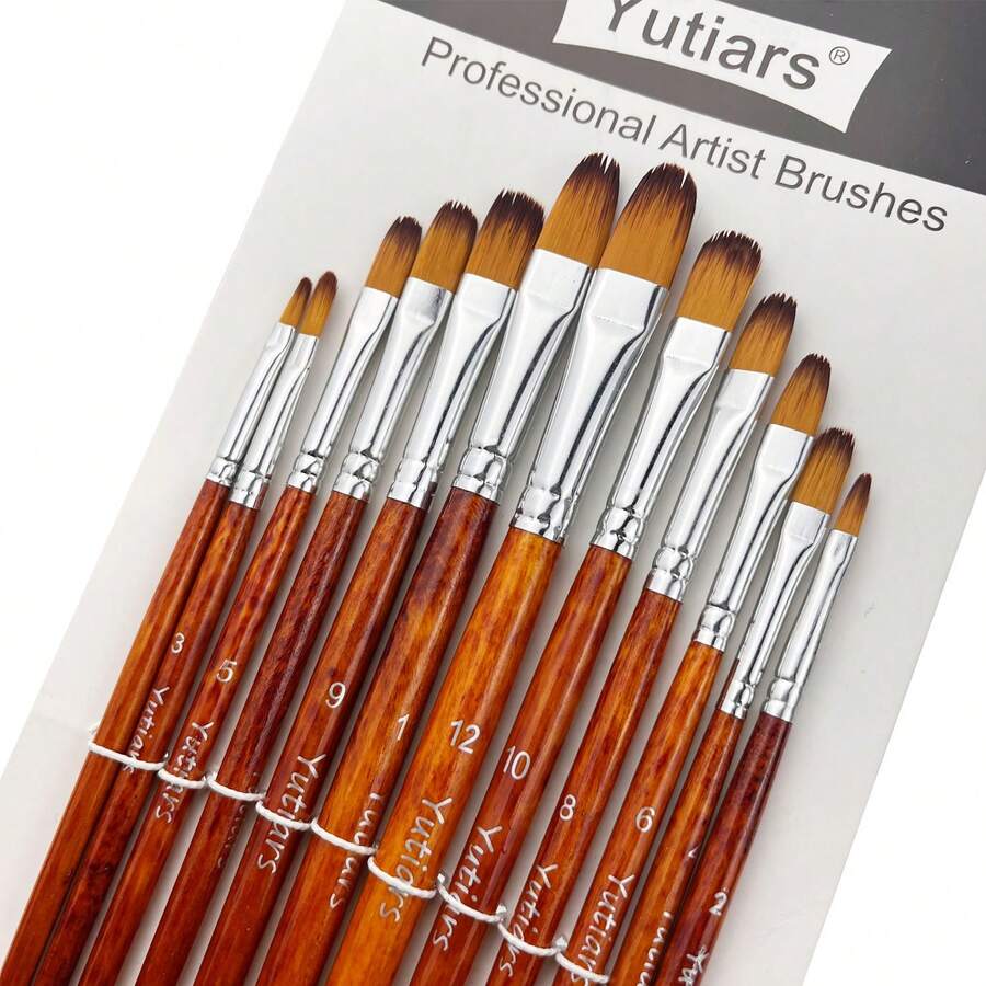 Bộ 12 cọ vẽ, cọ vẽ chuyên nghiệp đầu tròn nhọn, lông nylon, dùng cho vẽ tranh acrylic, màu nước, sơn dầu và vẽ trên cơ thể (Màu nâu)