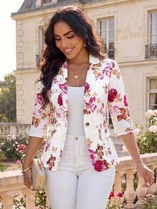 SHEIN Lady Áo khoác vest mỏng nữ mới 2025 phù hợp cho mọi mùa, áo khoác blazer nữ công sở thường ngày họa tiết hoa vào mùa thu/đông - Nhiều màu - Xem 4