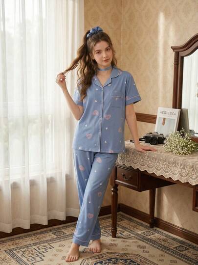Pijama 181 conjunto malha camisa curto com bolso e calça estampa coração love outuno