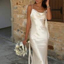 Wedding Guest & Summer Vacation Dress, Floral Embellishment Satin Maxi Gown For Beach Events - trắng - Xem 4
