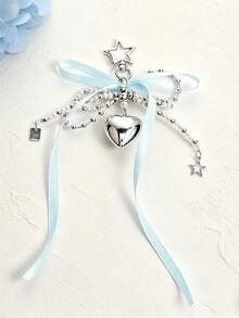 Decoraciones colgantes de lazo con perlas dulces estilo coreano, colgante de corazón plateado, llavero, accesorio colgante, accesorio lindo para bolso - Azul Agua - Ver 4
