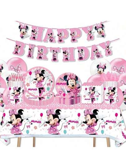 Pink Mouse Birthday Party Supplies Set, Including Banner, Hanging Decor, Rotating Decor, Tablecloth, Paper Cups, Gift Bags, Birthday Party Decoration Kit