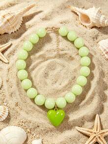 1pc European And American Bohemian Round Geometric Acrylic Beaded Necklace With Detachable Heart Pendant, Suitable For Holiday, Beach - Beaded Heart Pendant Necklace - View 3