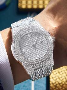 1 pieza Reloj de cuarzo de lujo con banda de acero completamente cubierto de hielo para hombres, adecuado para negocios, fiestas y uso diario, mejor regalo para hombres - Plateado - Ver 2