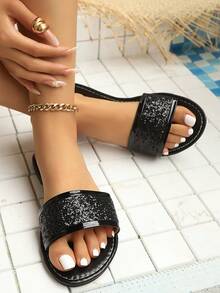 Women's Elegant French Style Rhinestone Glitter Strap Glossy Sandals, Comfortable Round Toe Open Toe Design, Versatile For Dresses And Pants, Suitable For Women's Home, Outdoor And Workplace Wear, Lightweight And Easy To Wear, Breathable And Non-Stuffy, Women's Rhinestone Flat Slip-On Beach Sandals. The Size Runs Half A Size Larger, With Added Width And Roominess. - Black - View 2
