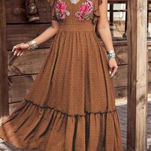 LUNE Plus Size Women's Western Retro Style Bohemian Hippie Embroidered Festival Casual Vacation Jacquard V-Neck Short Sleeve Dress - Óxido marrón - Ver 4
