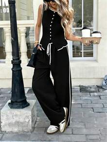 Women's Color Block Trim 2-Piece Outfit, Sleeveless Button Vest And Wide Leg Pants Set - 黑色 - 查看 2