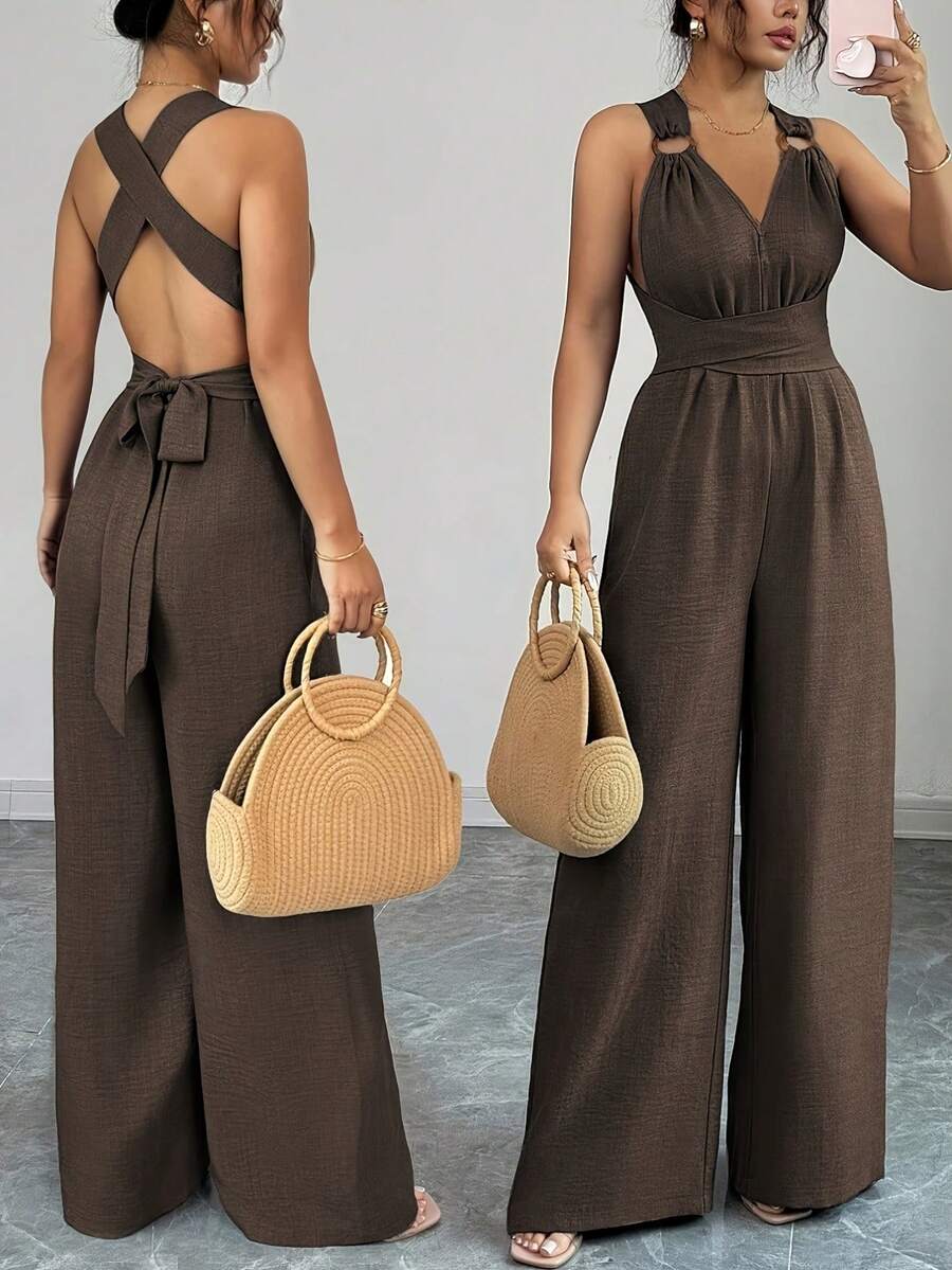 Plus Women's Halter Neck Wide Leg Jumpsuit, V-Neck Backless Crisscross Tie Waist Romper, Sleeveless Loose Fit, Lightweight Spring & Summer Outfit For Home, Outdoor & Casual Wear, All Ages,Tropical Vacation Outfits,4th Of July Outfit Women,Tropical Outfits For Women,Tropical Vacation Outfits,Women's Plus-Size Jumpsuit, - màu nâu - Xem 1