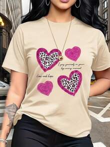 Amiam Bmian Casual Women's Regular Short Sleeve Round Neck Polyester T-Shirt With Leopard Heart Print - 香檳色 - 查看 2