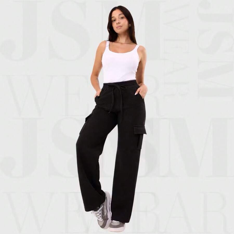 Women's Cargo Pants With Pockets Winter Drawstring Sweatpants - 黑色 - View 1