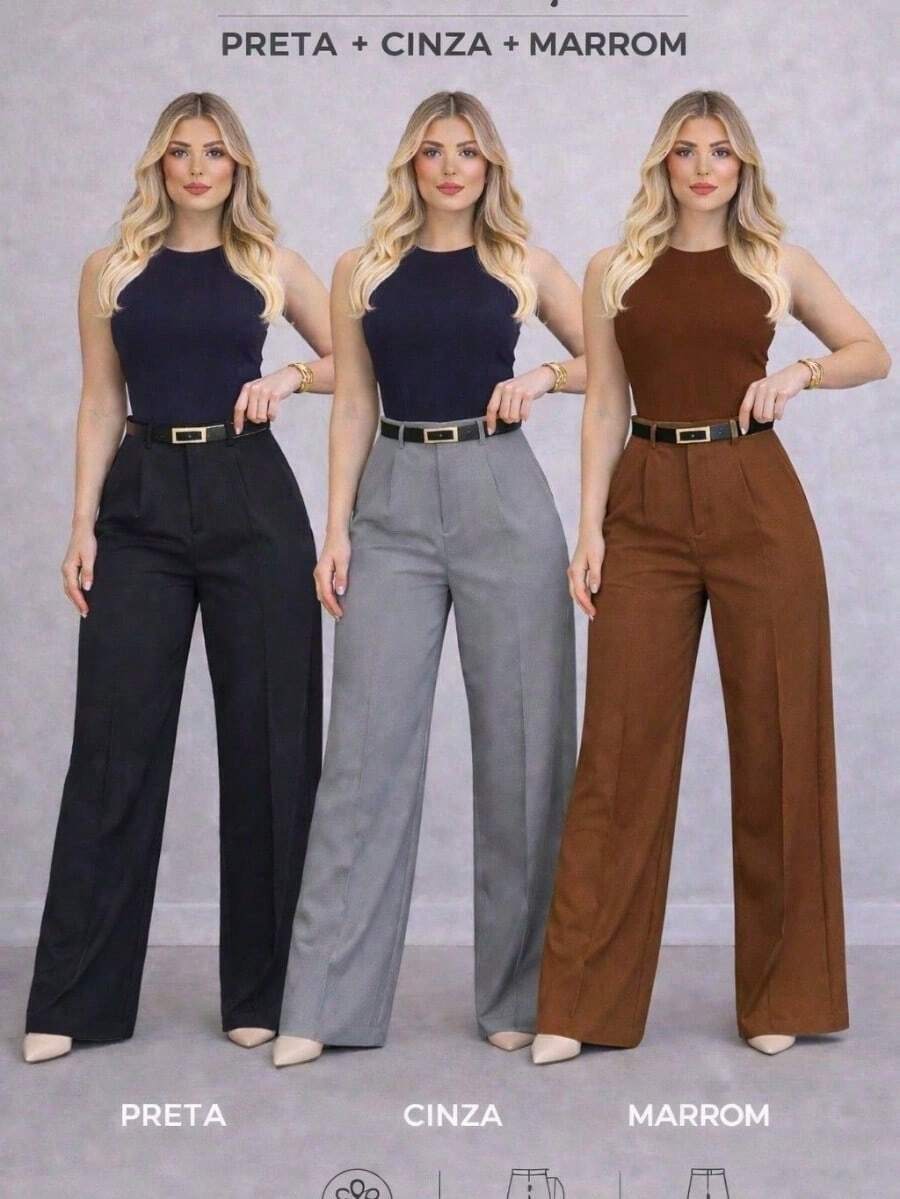 Set Of 3 Women's Tailored Trousers With Belt - 黑褐色 - 查看 1