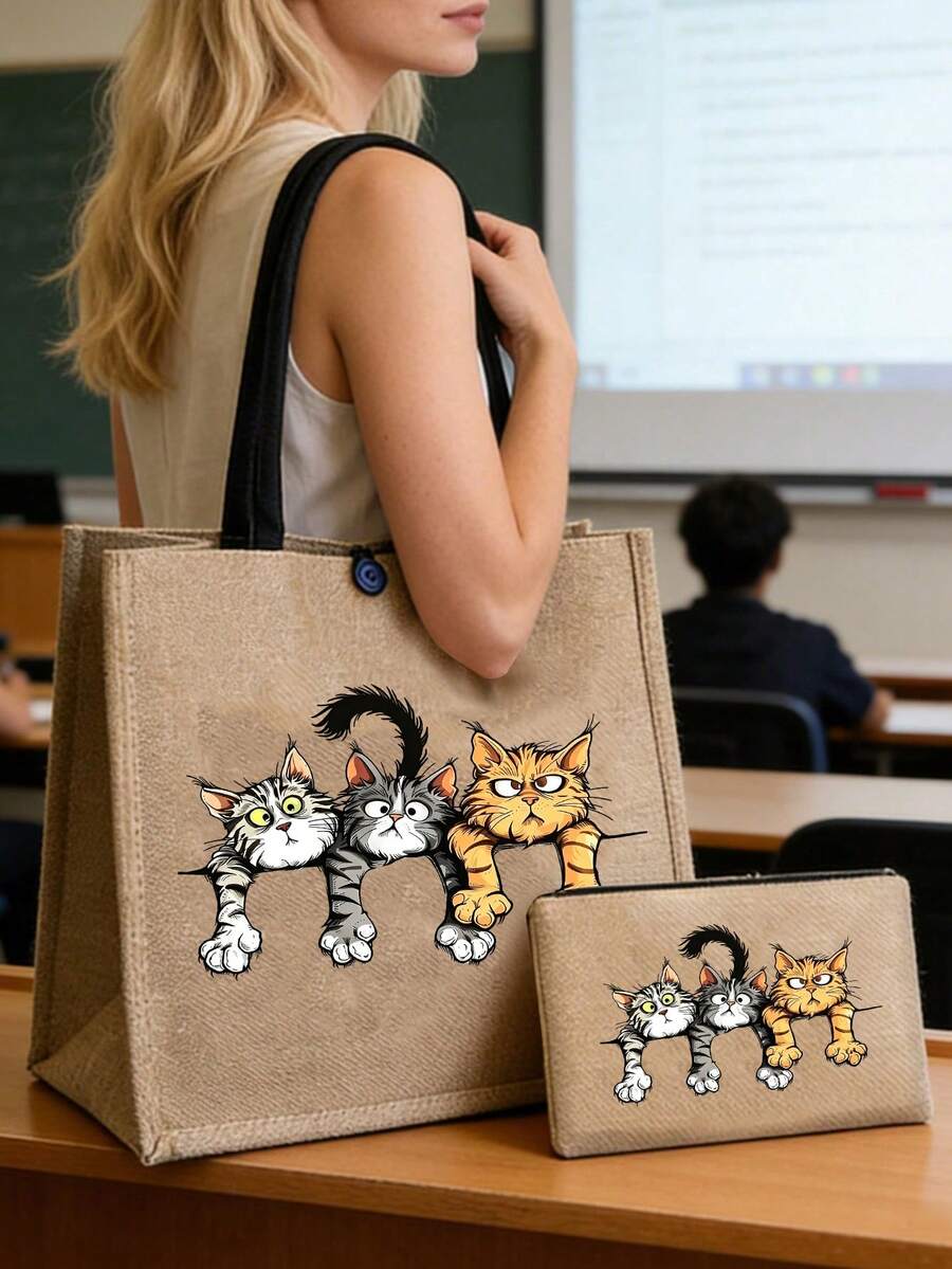 Túi tote in hình mèo dễ thương, đa năng dùng để mua sắm, du lịch và đựng đồ, chất liệu vải lanh tối giản, dung tích lớn, phù hợp cho nữ sinh, sinh viên đại học, nữ nhân viên văn phòng. Món quà tuyệt vời cho Giáng sinh, Năm mới, Kỷ niệm, Lễ tốt nghiệp, Ngày Nhà giáo, Khai giảng, Sinh nhật. - Nhiều màu - Xem 1