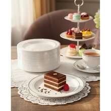 50/25/10/1 Stück weiße Teller mit doppeltem Silberrand, 7,5 Zoll/10,25 Zoll, weiße Basis mit Silberrand, elegante Dessertteller, Pastateller, Pizzateller, Kuchenteller, Salatteller, wiederverwendbar und leicht zu reinigen, geeignet für den Außenbereich, Partys, Geburtstage, Hochzeiten und Feiertage, Teller, Servierteller - transparent - Übersicht 7