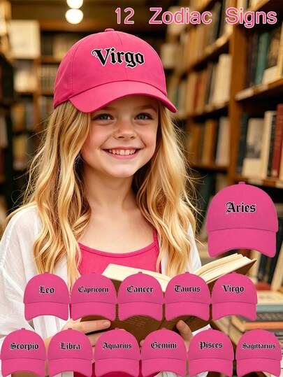 1 Pc Kid's Hot Pink Baseball Cap, Twelve Zodiac Signs, Soft Cap Top Design, Versatile Sunshade Baseball Cap, High-Quality Curved Brim, Breathable And Not Stuffy, Suitable For 8-16Y