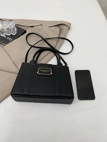 黑色压纹皮革手提包，配金色金属搭扣和可拆卸肩带，翻盖设计，简约办公风格 - 黑色 - 查看 4