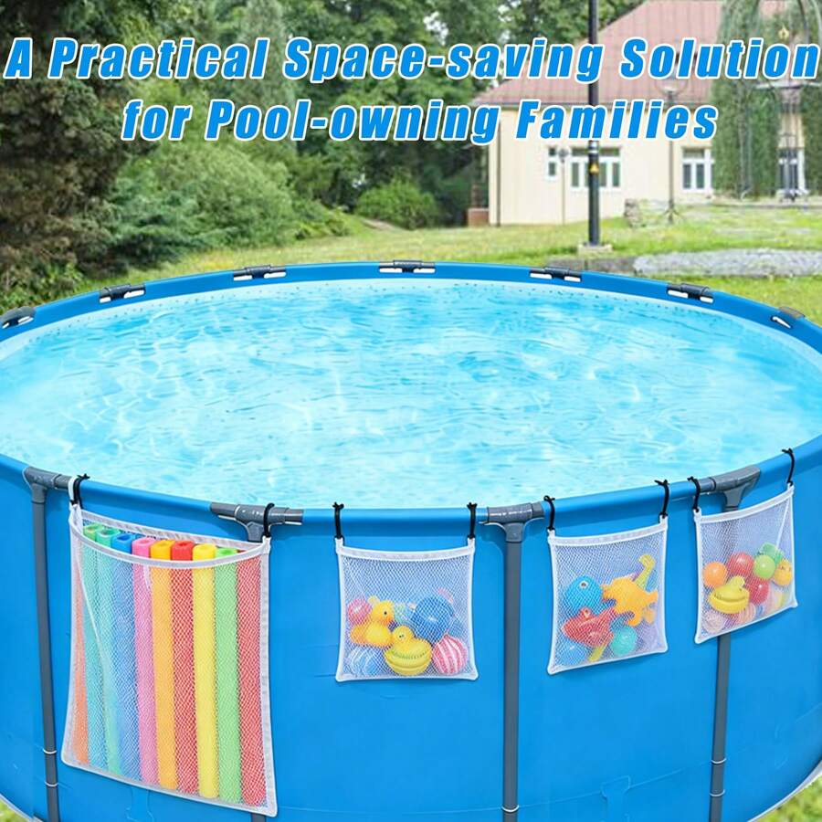 Hanging Mesh Storage Bag, Suitable For Pool Toys/Water Guns/Balls/Floats, Foldable Quick-Dry Design, Applicable For Pool Side/Bathroom/Beach, Durable Pool Toy Storage Bag Set - One Large White Item + Three Small White Items - View 1