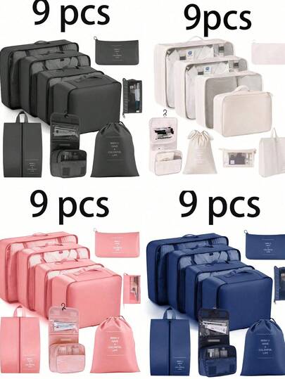 9/1pc Foldable Travel Storage Bags, Large Capacity Waterproof Clothes Organizer Packing Cubes, Luggage Bags, Shoe Bags, Drawstring Bags, Travel Organizers, Cosmetic Bags, Underwear Bags, Makeup Bags, Storage Bags, Organizers For Pens, Eyeshadow Brushes, Sanitary Napkins, Lipsticks, Makeup Brushes, Eyeliners, Lip Glosses, Skincare, Toothbrush Holders, Soaps, Shampoos, Combs, Watches, Phones, Necklaces, Jewelry, Electronics