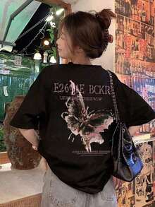 Camiseta de manga corta para mujer, casual, de cuello redondo, corte holgado, con estampado de letras y mariposas, estilo primavera/verano, blanca, 100% algodón. - Negro - Ver 7