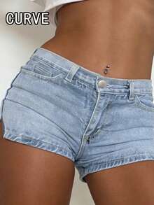 Plus Size Women's Spring/Summer/Autumn New Tight Stretch Sexy Fashion Personalized Washed Distressed Denim Shorts - Dark Wash - View 3