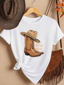 Camiseta de manga corta con estampado de botas y sombrero de vaquero, cuello redondo casual, gráfico "Vamos chicas" para mujeres - Blanco - Ver 6