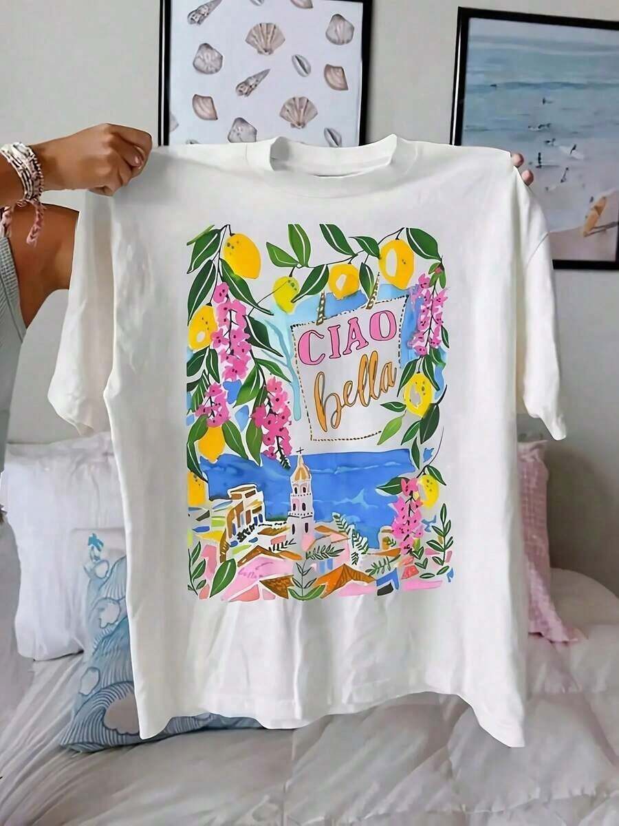 New And Great Product 2026, Women's Italian Holiday Print Crew Neck T-Shirt - White Short Sleeve Printed Blouse, Ideal For Spring And Summer Travel, Beachwear And Casual Wear - Ciao Bella Design, Made Of Breathable And Non-See-Through Fabric, With Lemon Print - 白色 - 查看 1