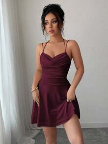 Vestido rosa color sexy con espalda descubierta y sin mangas, con pliegues, ideal para cumpleaños, conciertos, citas nocturnas, verano, fiestas de piscina y graduación - Color caoba - Ver 3