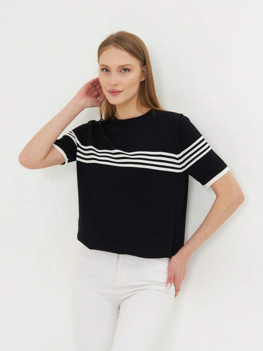 Women's Crew Neck Short Sleeve Striped Knit Blouse - Black - View 1