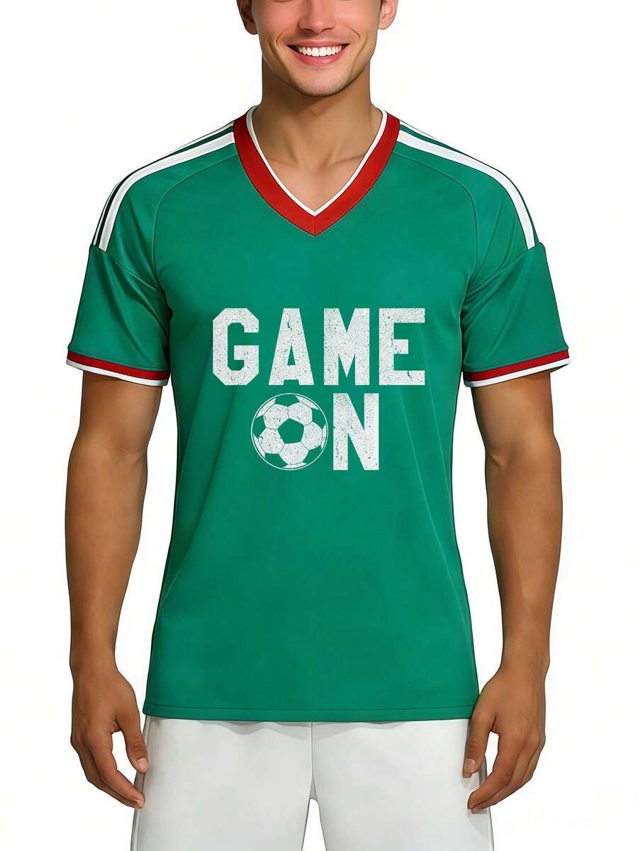 Camiseta de Estilo Deportivo Casual para la Temporada de Fútbol 2026, Jersey con Cuello en V para el Partido, Camiseta de Verano para Aficionados al Fútbol para Hombres y Amigos - Verde - Ver 1