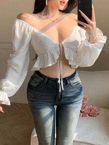 Blusa de encaje calado en beige, de moda para el Día de San Valentín, boda, fiesta, festival de música, vacaciones de playa casual.Crop top corto con diseño de nudo delantero, camisa ajustada para mujer, primavera/verano - Beis - Ver 10