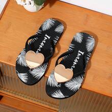 Chanclas de mujer, sandalias planas de verano con forma de corazón a la moda, pantuflas casuales para interiores y exteriores - Negro - Ver 3