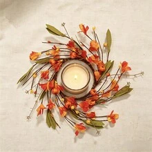 Thanksgiving Candle Rings Unique Fake Pumpkin Berries Candle Wreaths Table Centerpiece For Fall Home Party - Orange - View 6
